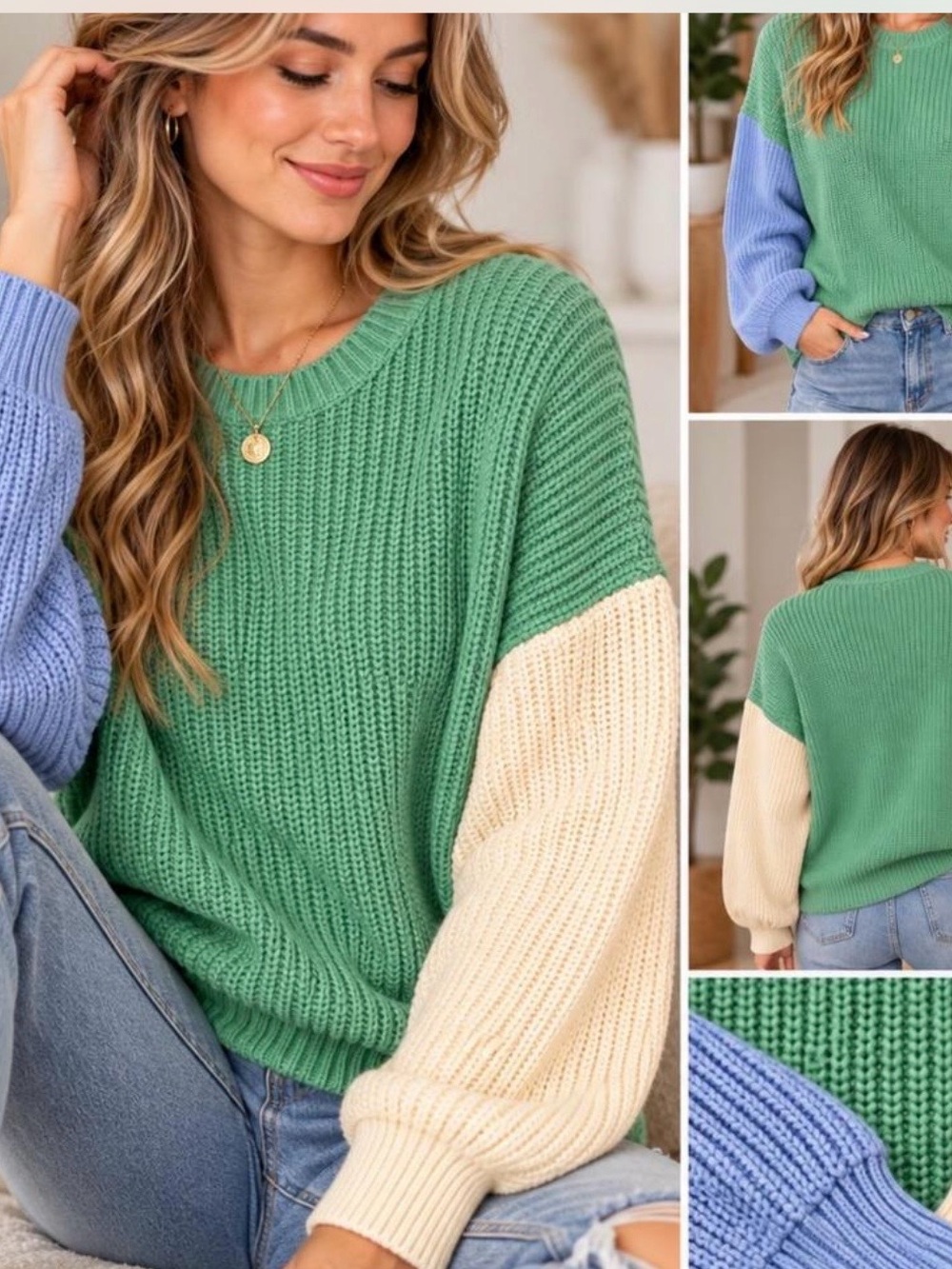 NWT b. young Collection Green Colorblock Knit Sweater with Cream and Blue Sleeve